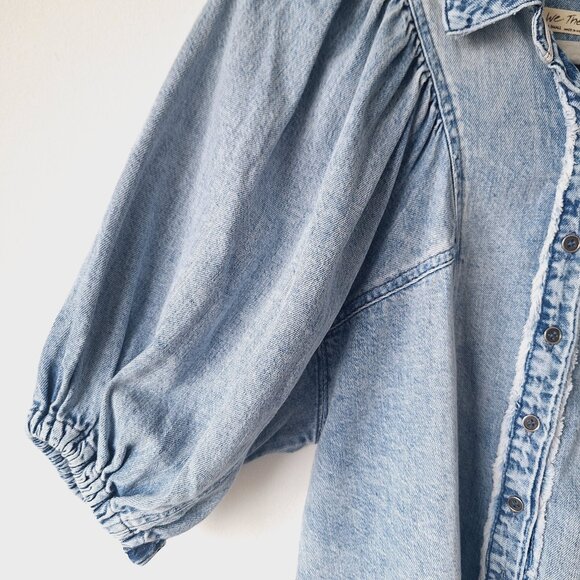 Free People Puffed-Sleeve Denim Shirt - Light Indigo - Picture 6 of 12